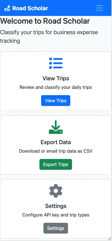 Road Scholar mileage tracking mobile UI